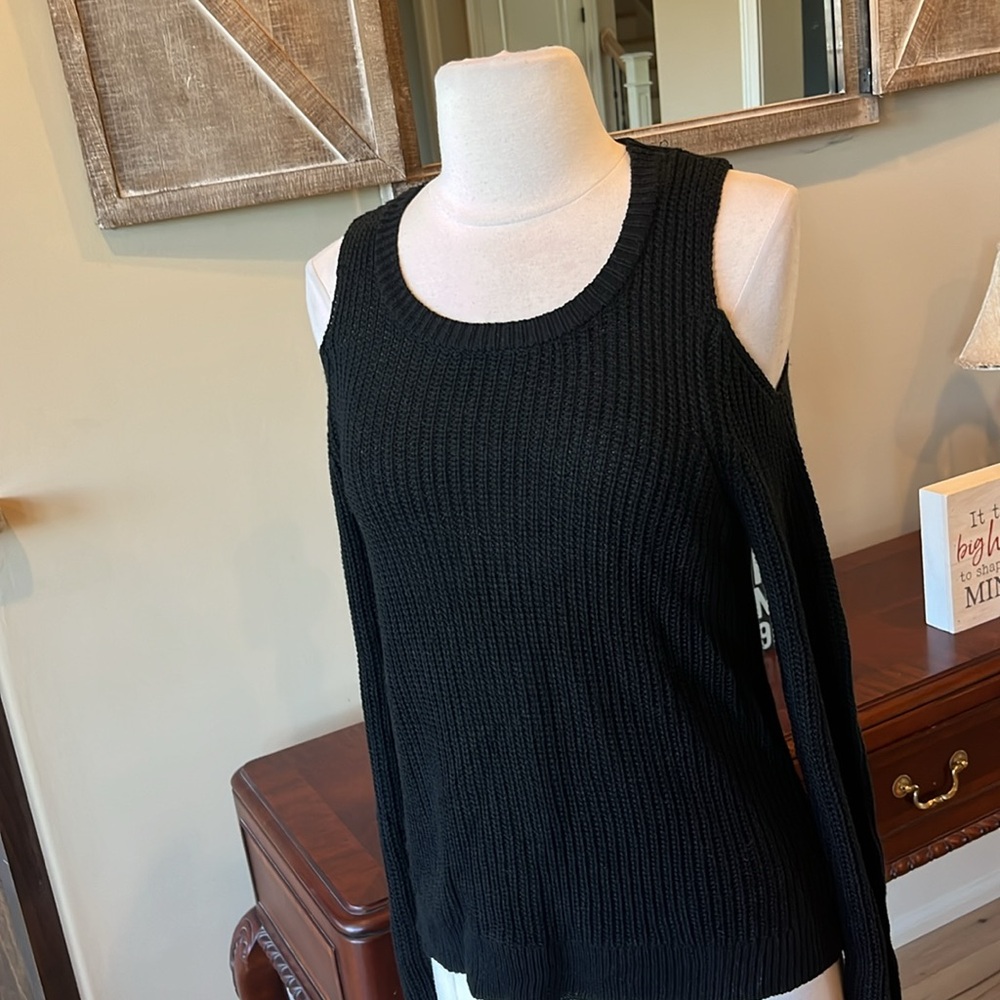 Black Sweater Comfy Cold Shoulder Crochet Roomy